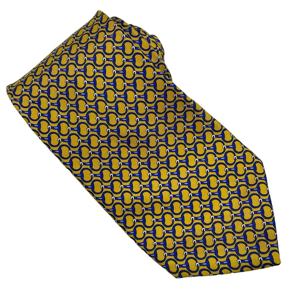 Brooks‎ Brothers 100% Silk Necktie Yellow Blue Horsebit Equestrian Print Tie